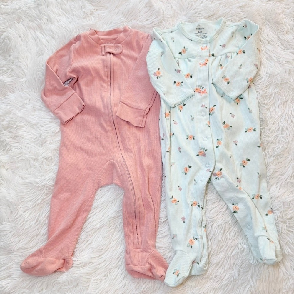 Baby Girl 6M Footed Pajamas Set Carter's Floral & Goumi Ribbed Zip Sleepers